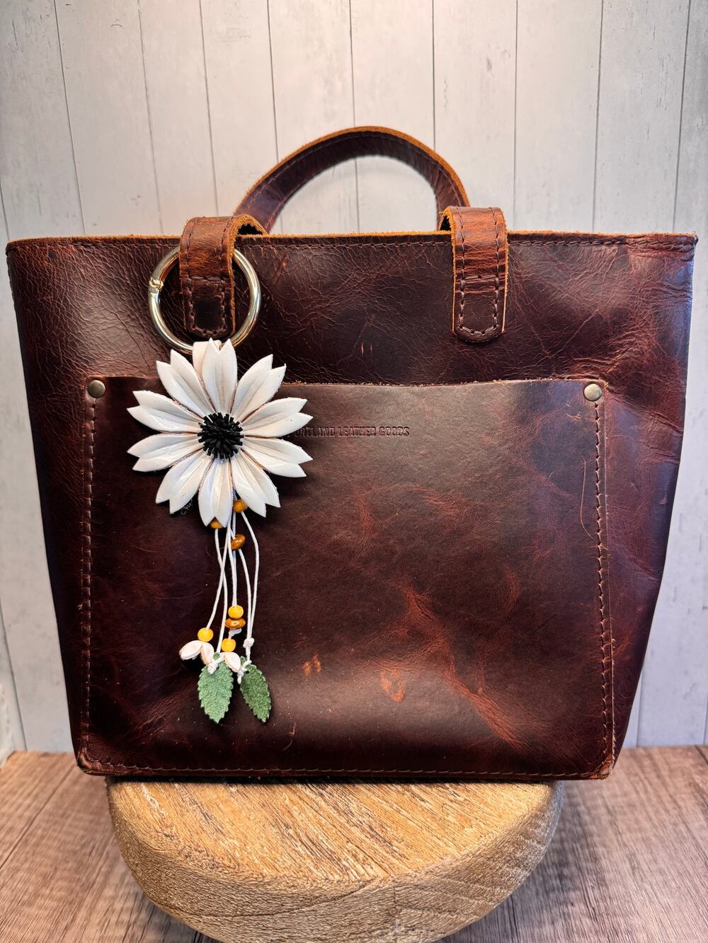 White Daisy Purse Charm Genuine Leather Summer White Flower Bag Charm NEW!